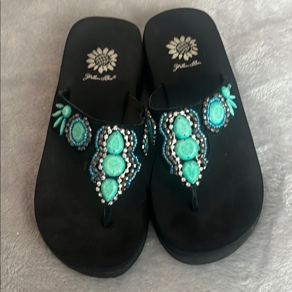 Black and Turquoise  Sandals with Ornamental Design